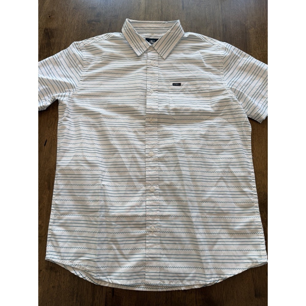 ONeill Seafaring Stripe Shirt Mens Short Sleeve Button Up White Teal Medium